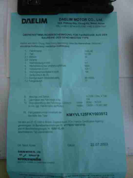 "DAELIM VL 125", 9,7KW, Kilometerstand 7930, Baujahr 2003 mit Koffer