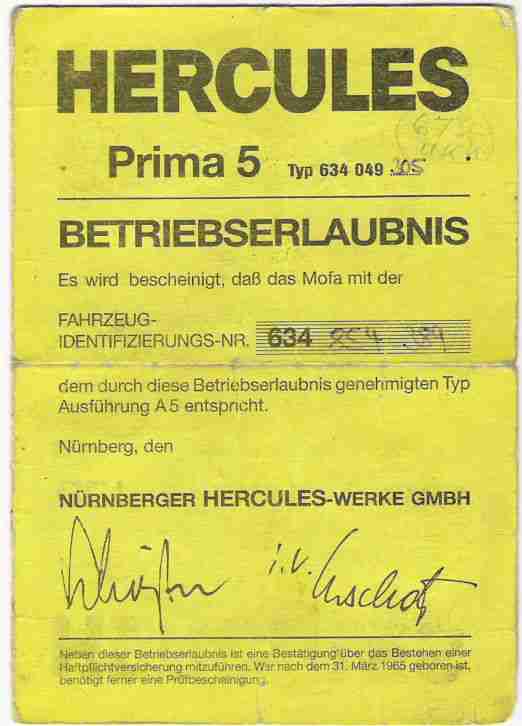 Hercules Mofa Prima 5 (25kmh) mit Papieren