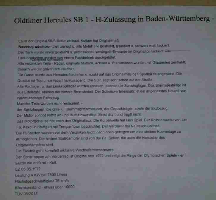 Hercules SB 1 Oldtimer H-Zulassung