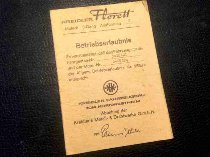 KREIDLER FLORETT MOKICK 3-Gang K54/O-M 1966 + BETRIEBSERLAUBNIS zum Restaurieren