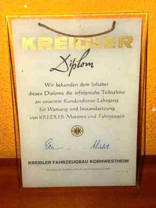 Kreidler Dipolm Kreidler Inhaber Diplom in Glas eingebettet von 1963. Rarität !