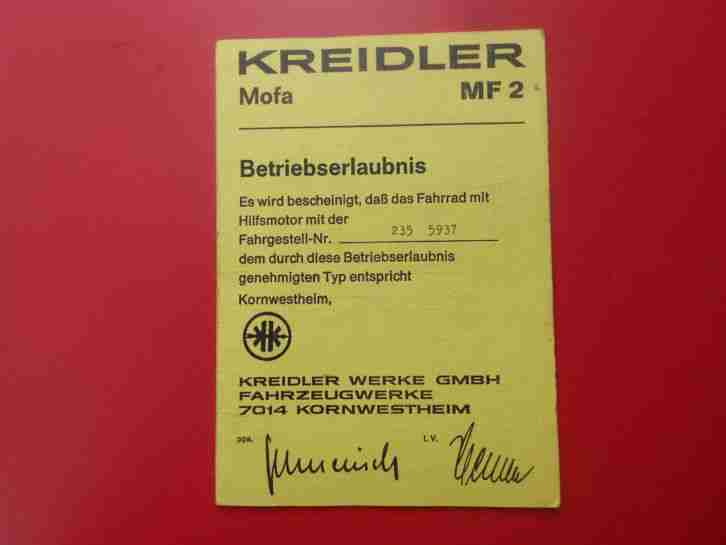 Kreidler MF2 Betriebserlaubnis