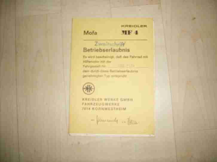 Mofa, Kreidler, Betriebserlaubnis, MF 4,