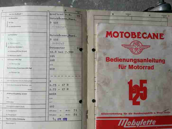 Motobecane D 125 Oldtimer Originalpapiere und Schlüssel selten