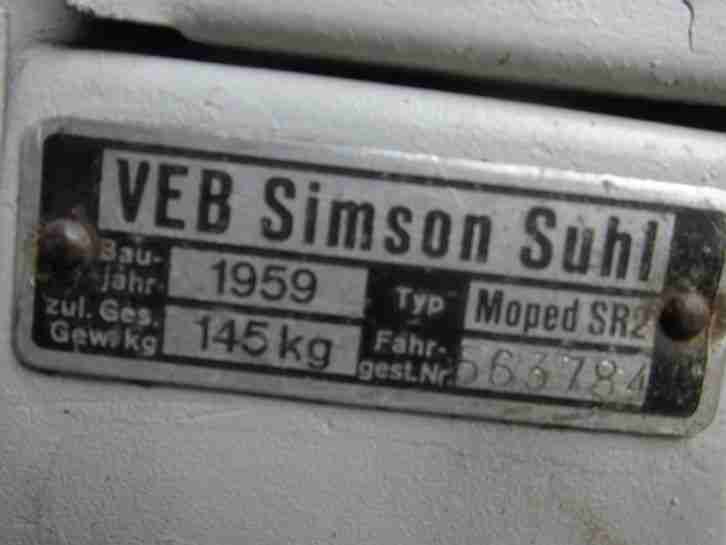 Simson SR 2 Bj. 59 fahrbereit, grundiert, mit Papiere