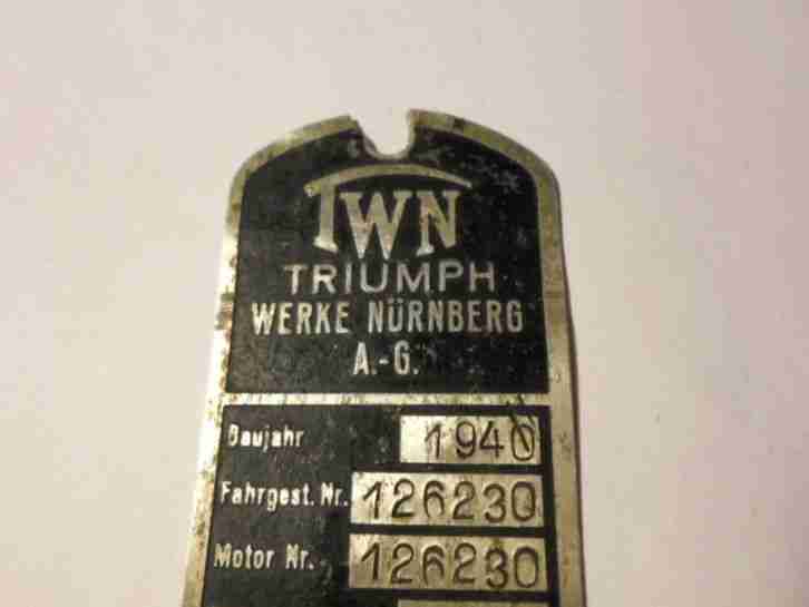 TYPENSCHILD von 1940 Triumph TWN Nürnberg 98 cm OLDTIMER MOTORRAD