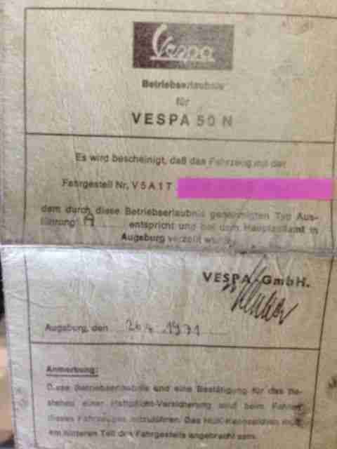 Vespa 50N Betriebserlaubnis N50 V5A1T