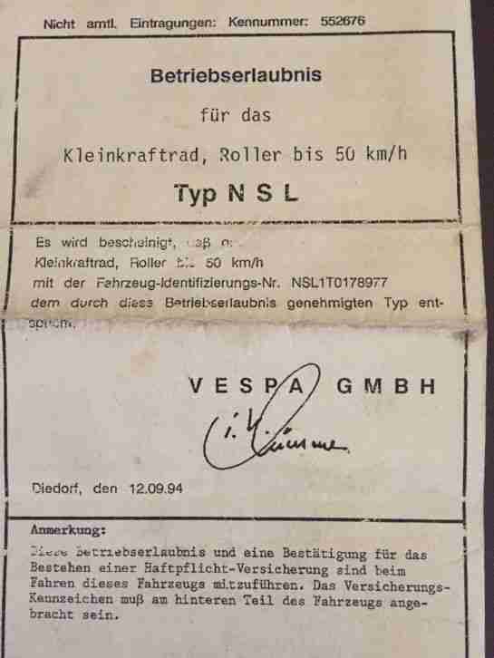 Vespa Roller Typ Nsl 50 Km/h