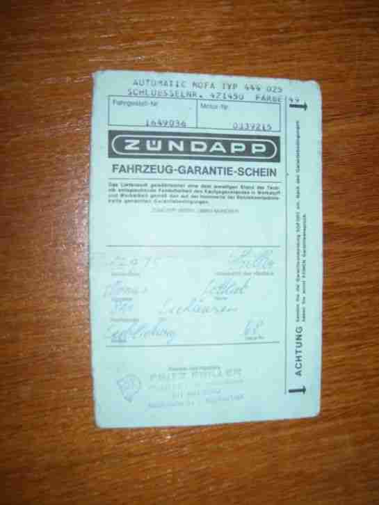 ZÜNDAPP Betriebserlaubnis für Automatic Mofa Typ 444 C25 von 1973