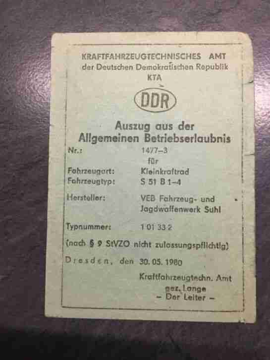 Betriebserlaubnis Simson S 51 B