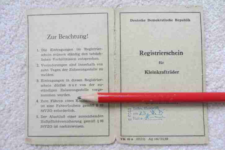 original Registrierschein für Motorfahrrad
